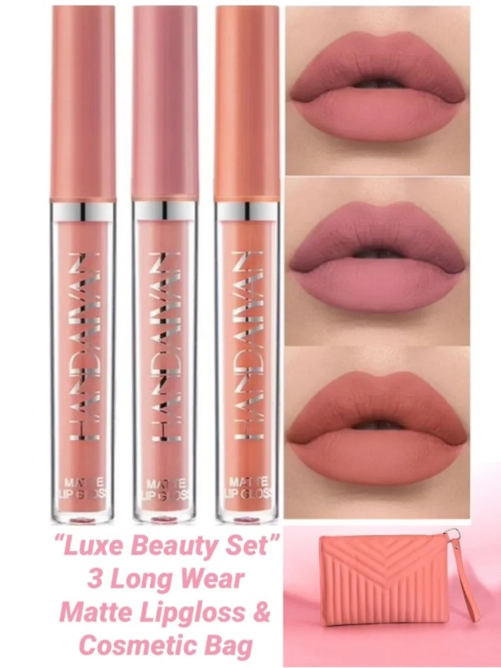 Luxe Velvet Matte Lipgloss Trio Handaiyan Lip Beauty Set Wristlet Makeup Bundle